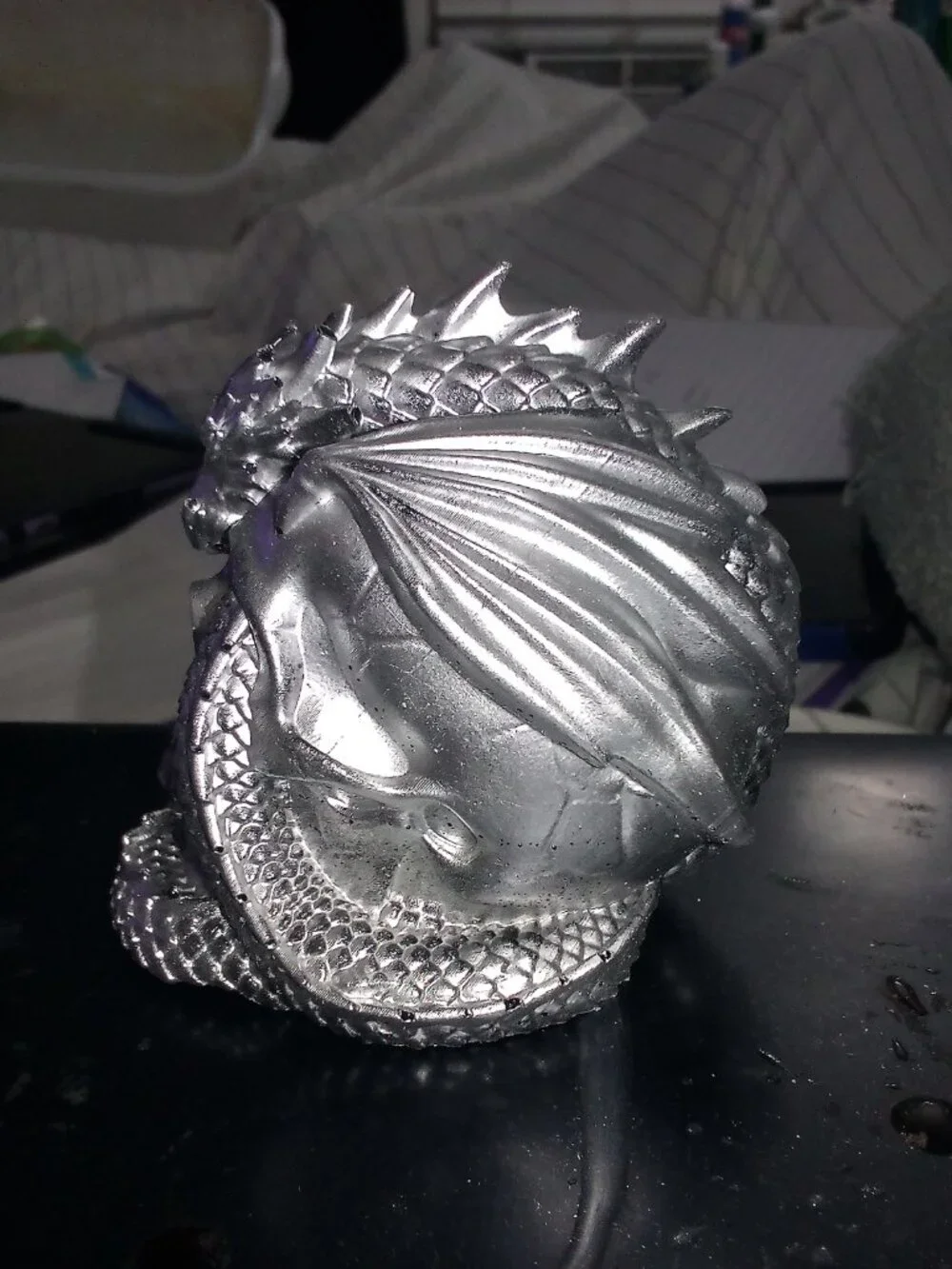 Handmade Silver Resin Skull and Dragon Statue